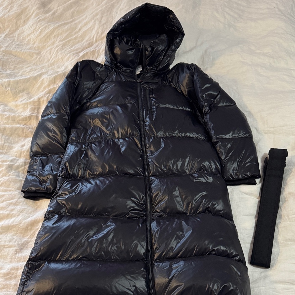Toasty warm GAP full length down puffer coat, black, womens S, upgraded belt